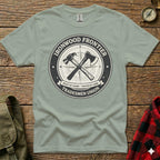 T-shirt with "Ironwood Frontier Tradesmen Union" logo featuring crossed hammer and compass.