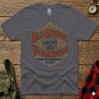 Gray t-shirt with "Old School Tradesman Built on Experience Est. 1928" and anvil graphic.