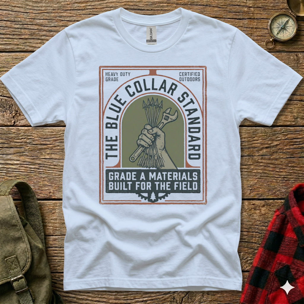 White t-shirt with "The Blue Collar Standard" logo featuring a wrench and hammer.