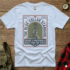 White t-shirt with "The Blue Collar Standard" logo featuring a wrench and hammer.