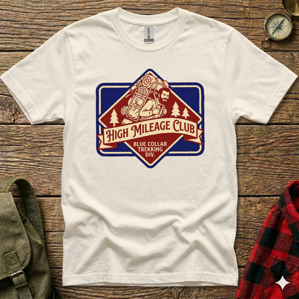 White t-shirt with "High Mileage Club" vintage badge logo featuring a hiker.