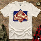 White t-shirt with "High Mileage Club" vintage badge logo featuring a hiker.
