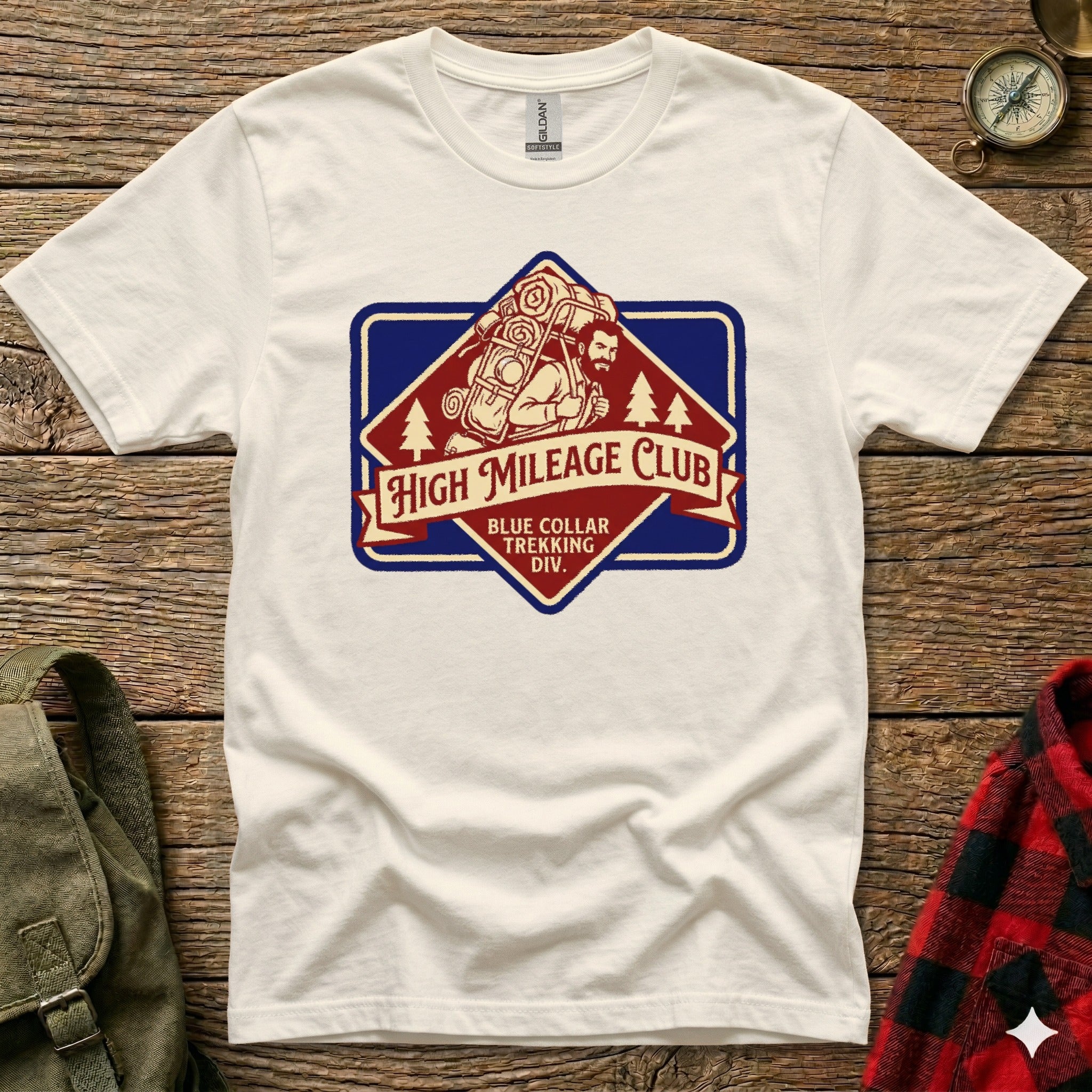 White t-shirt with "High Mileage Club" vintage badge logo featuring a hiker.