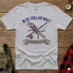 Blue Collar Built Fatherhood Refined graphic on a white t-shirt.