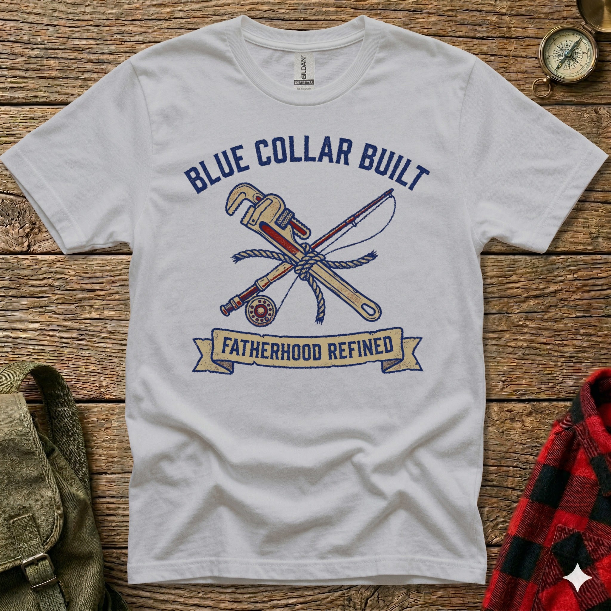 Blue Collar Built Fatherhood Refined graphic on a white t-shirt.