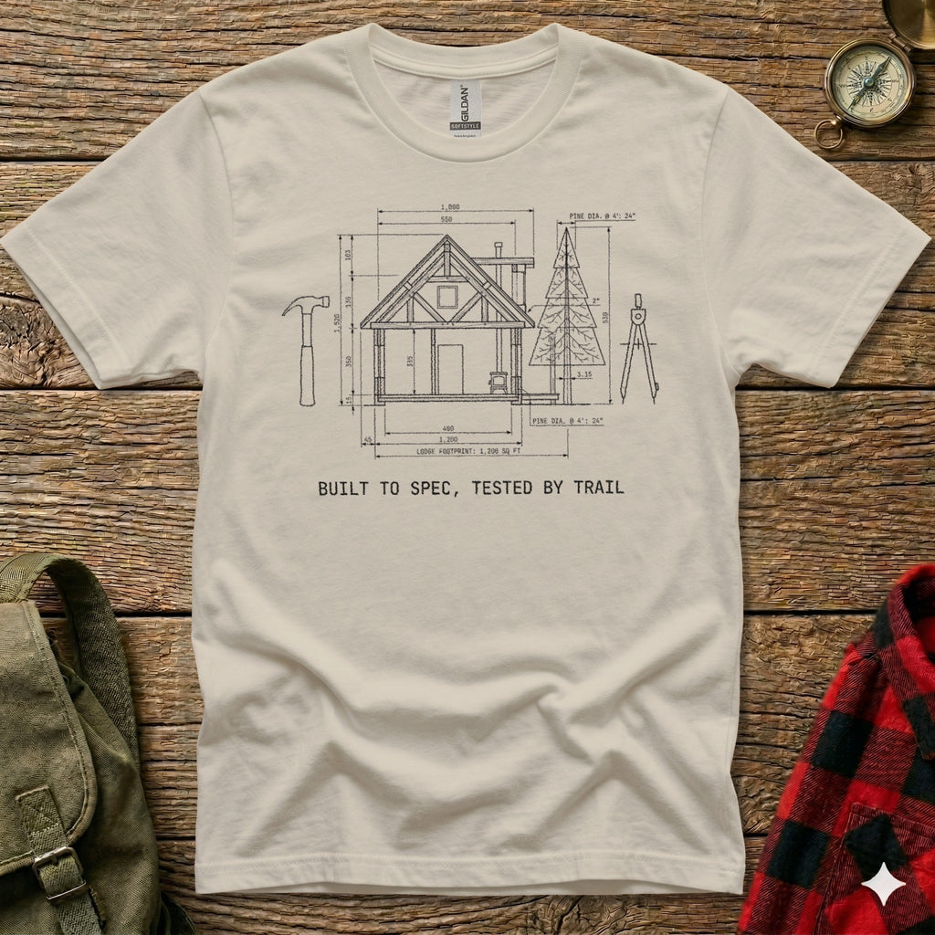 Cream t-shirt with a technical drawing of a cabin and text "BUILT TO SPEC, TESTED BY TRAIL".