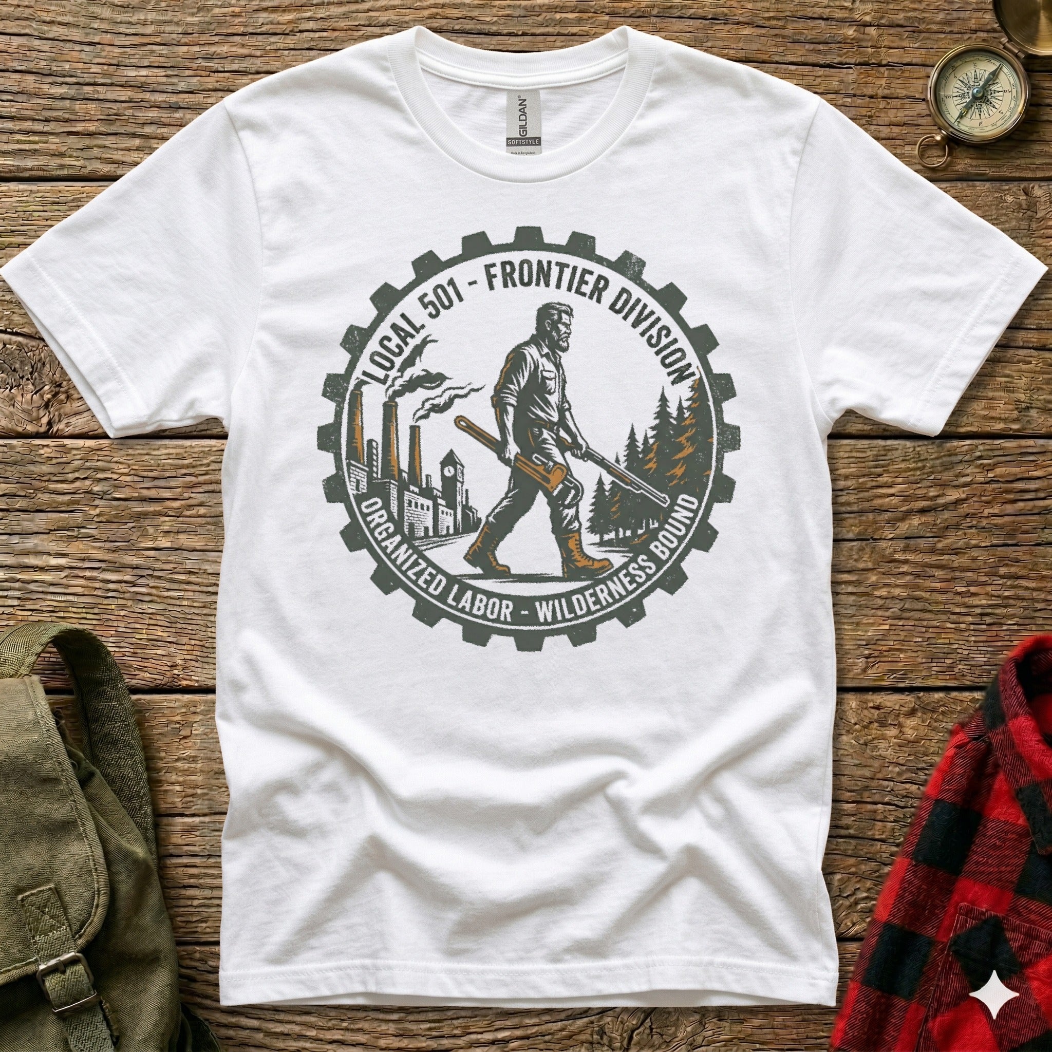 White t-shirt with circular graphic: "Local 501 Frontier Division Organized Labor Wilderness Bound".