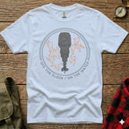 White t-shirt with outboard motor graphic and "Off the Clock / On the Water" text.