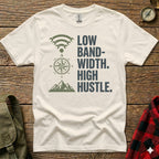 White t-shirt with "Low Band-width. High Hustle." text and compass graphic.