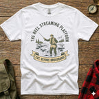 Man fishing in a river, "The Reel Streaming Platform" text.