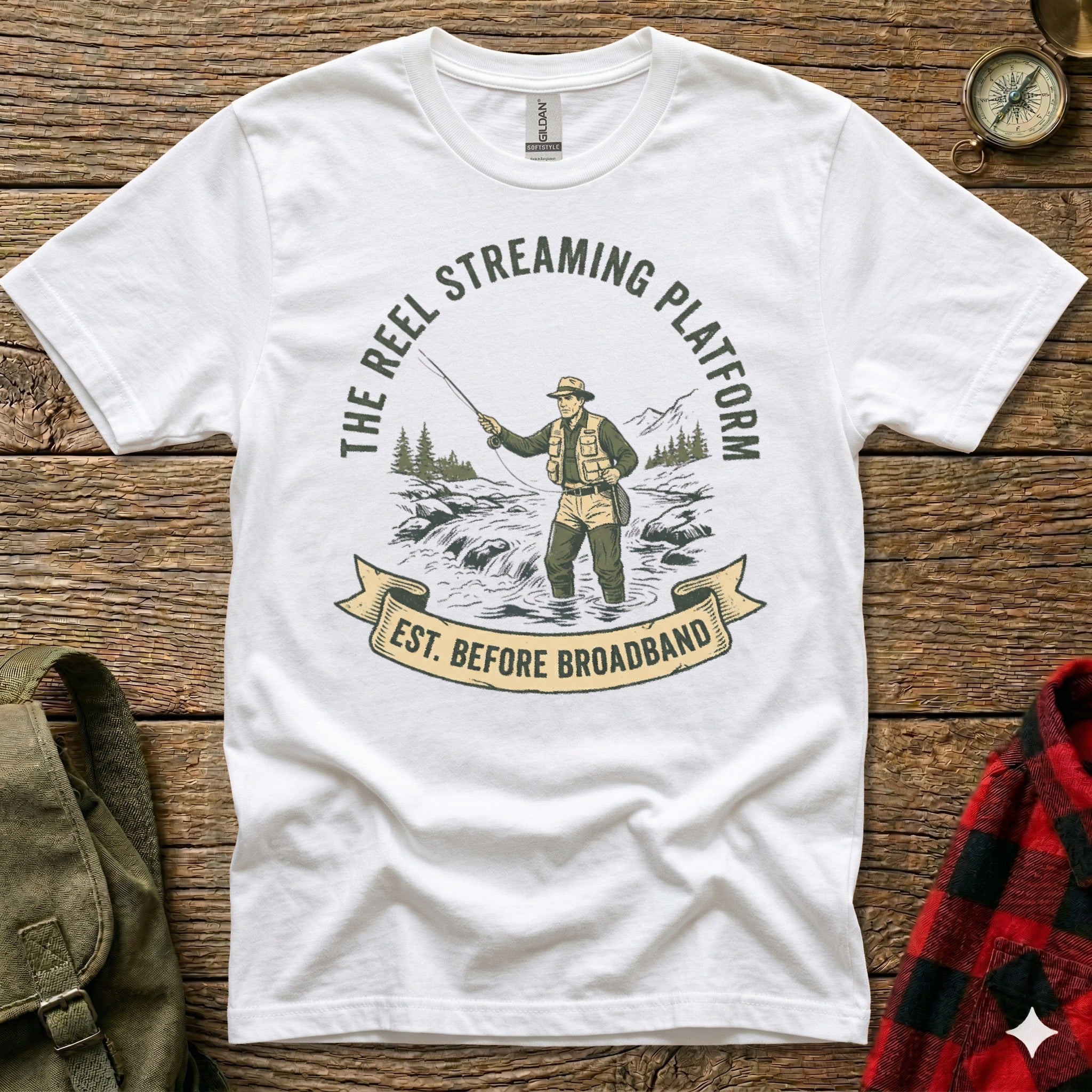 Man fishing in a river, "The Reel Streaming Platform" text.
