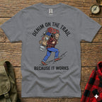 Gray t-shirt with hiker and text "DENIM ON THE TRAIL BECAUSE IT WORKS".