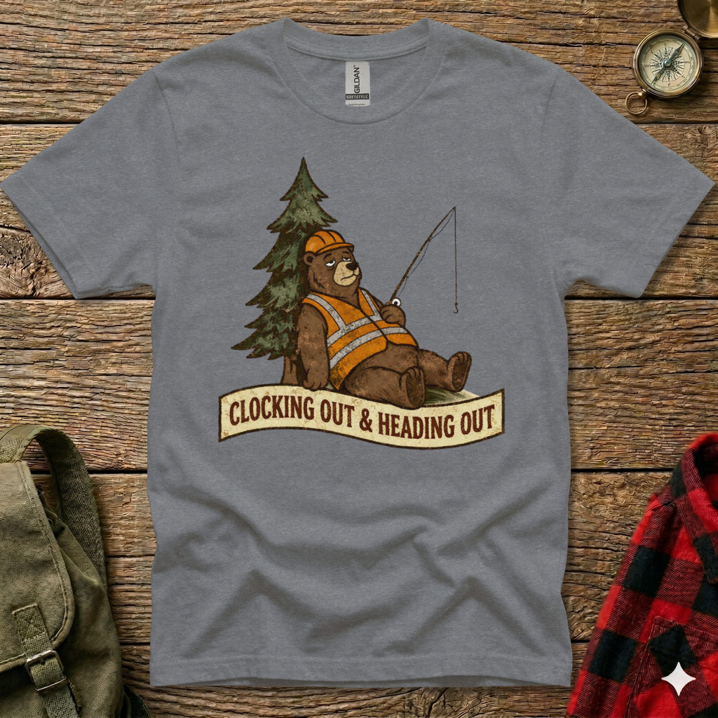 T-shirt with cartoon bear in construction vest fishing next to a tree.