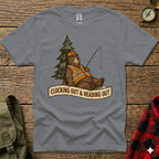 T-shirt with cartoon bear in construction vest fishing next to a tree.