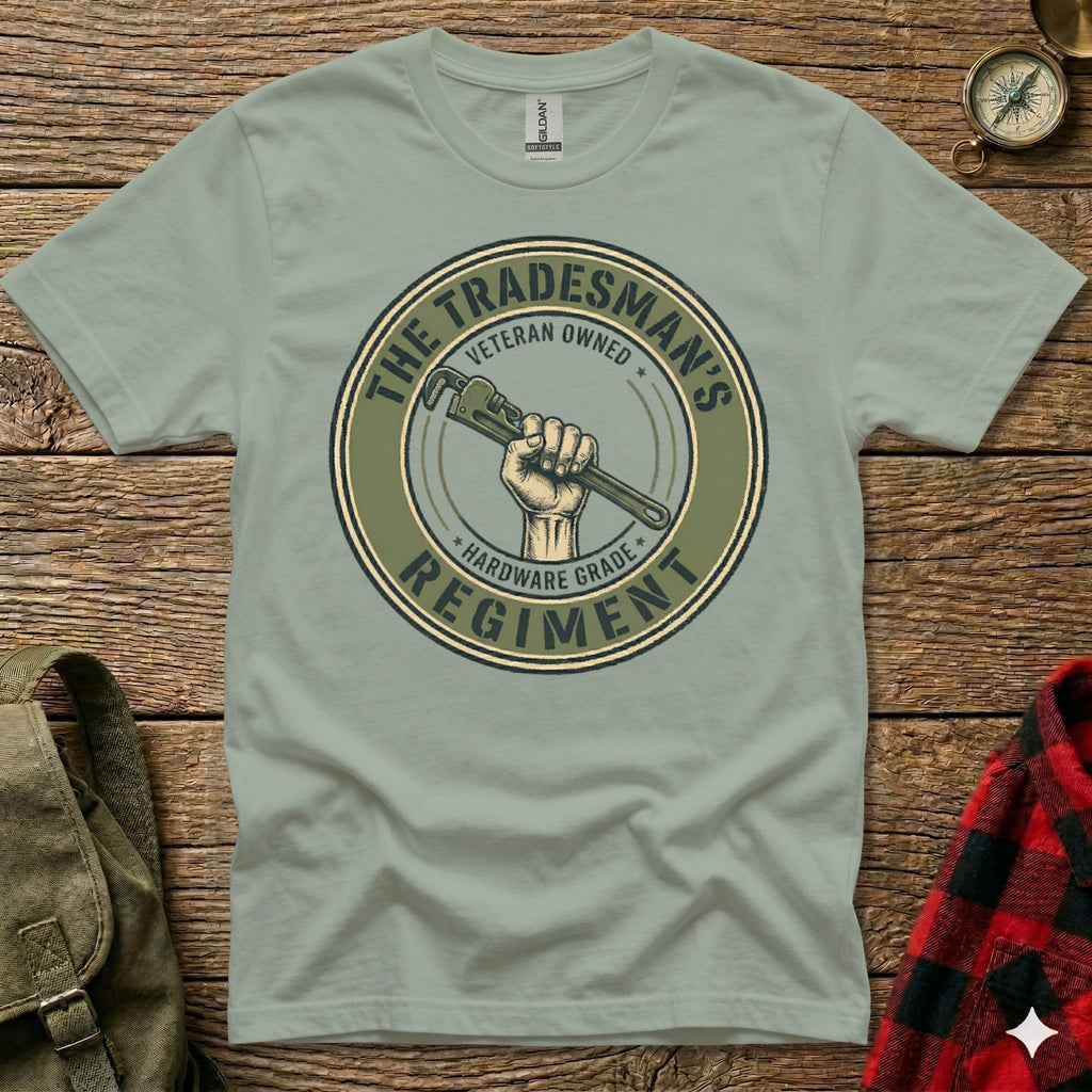 Tradesman's Hardware Regiment veteran-owned circular logo on a light green t-shirt.