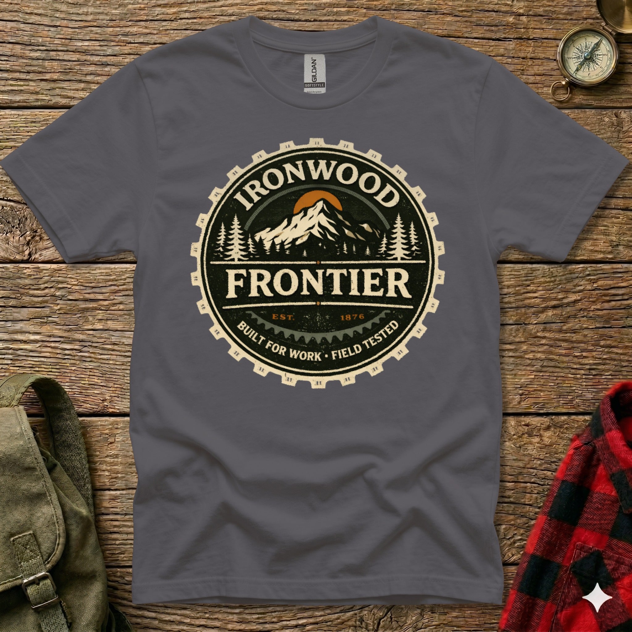 Ironwood Frontier Est. 1876 Built for Work Field Tested logo on a charcoal t-shirt.