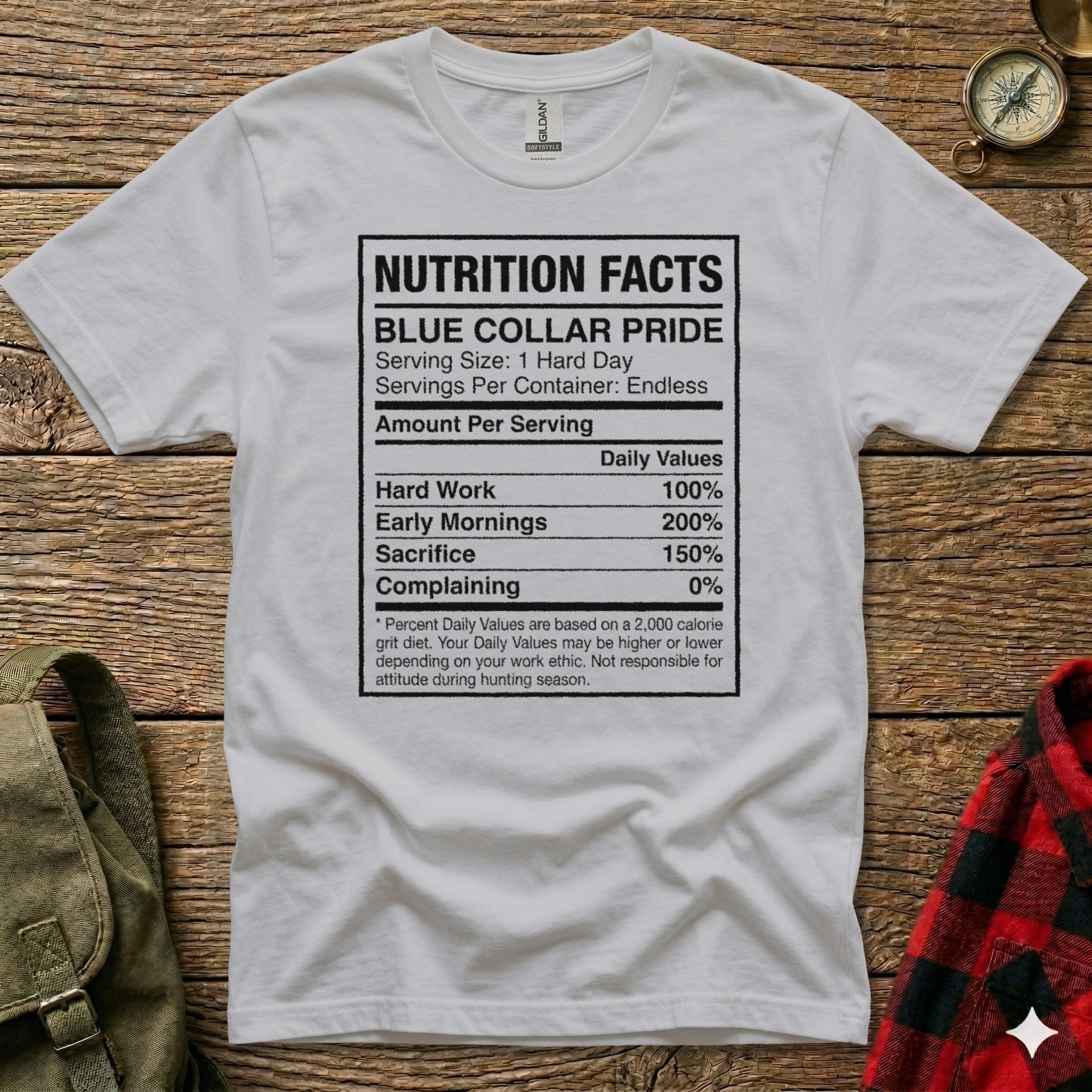 White t-shirt with "Nutrition Facts" label for "Blue Collar Pride."