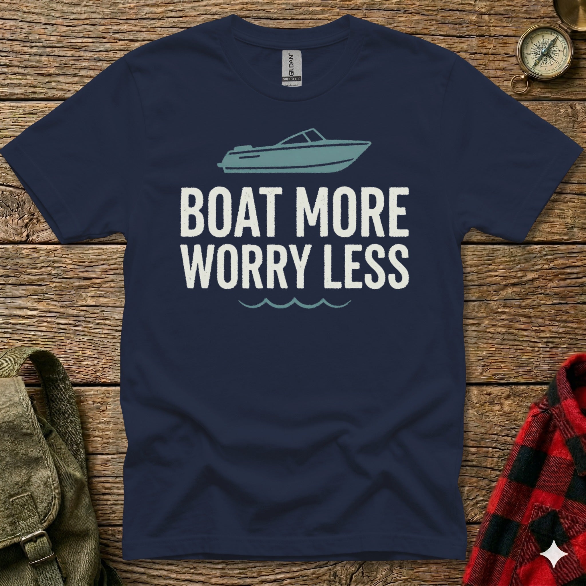 Navy t-shirt with "BOAT MORE WORRY LESS" text and a boat graphic.