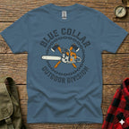 Blue Collar Outdoor Division t-shirt with crossed chainsaw and axe graphic.