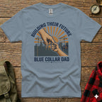 Blue collar dad t-shirt with hands reaching and construction scene.