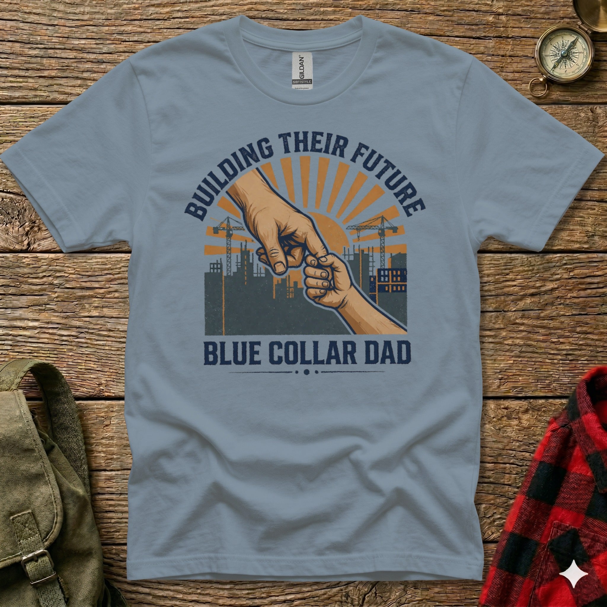 Blue collar dad t-shirt with hands reaching and construction scene.