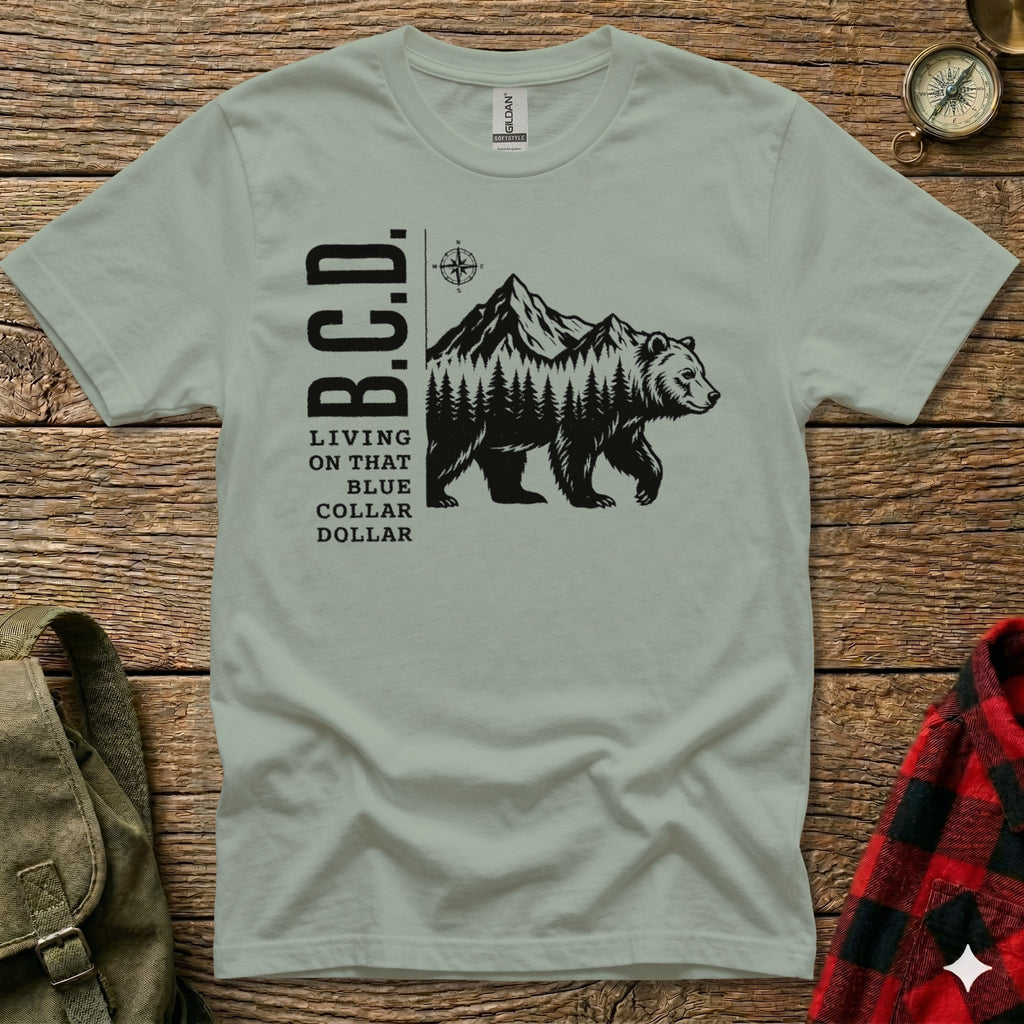 Bear walking through forest with mountains, text B.C.D. Living on that blue dollar.