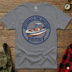 Gray t-shirt with blue circle graphic: "Officially the Captain" and "Sorry for what I said at the ramp".
