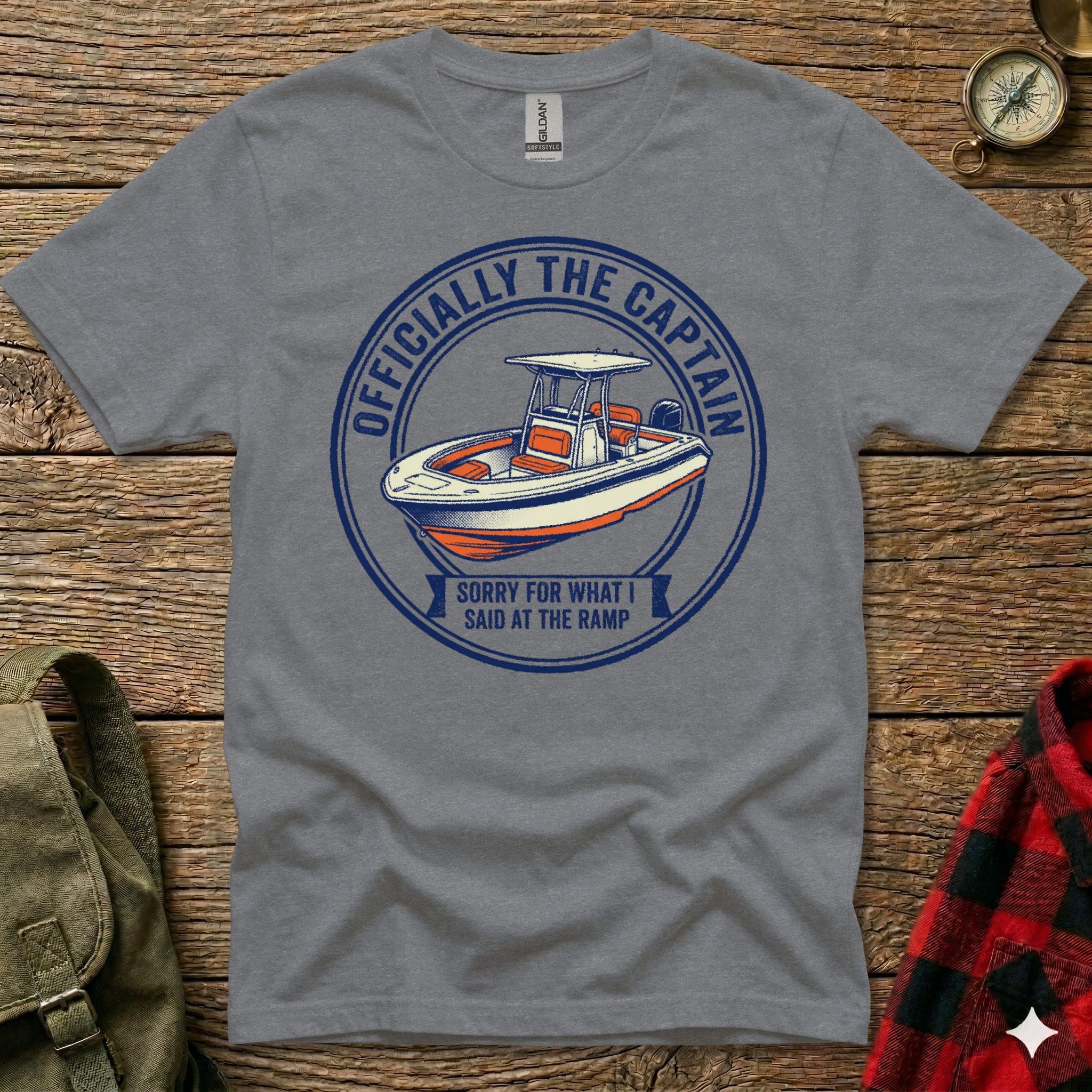Gray t-shirt with blue circle graphic: "Officially the Captain" and "Sorry for what I said at the ramp".