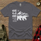 Gray t-shirt with white bear and mountain graphic and "B.C.D. Living On That Blue Dollar" text.