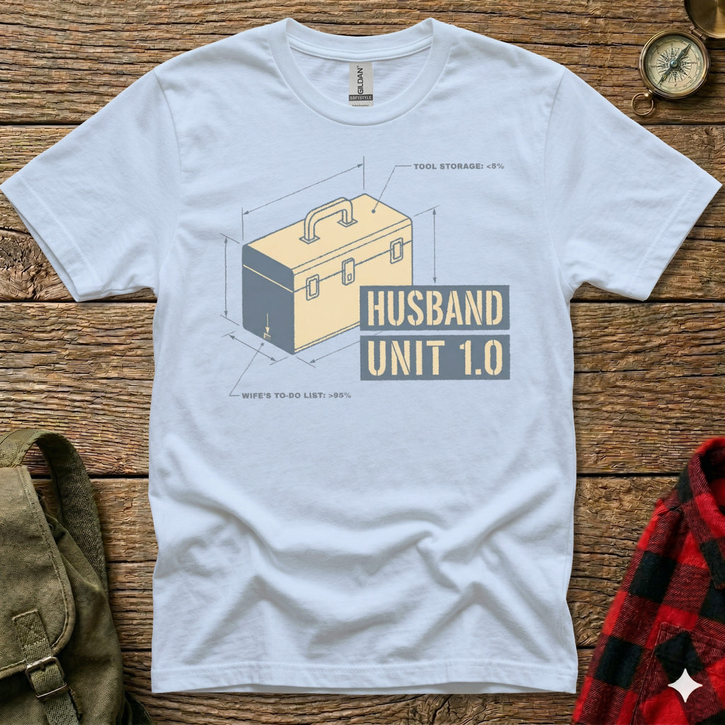 T-shirt with blueprint diagram of a toolbox labeled "Husband Unit 1.0".