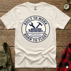 Cream t-shirt with dark blue circular graphic "Built to Work Born to Float".