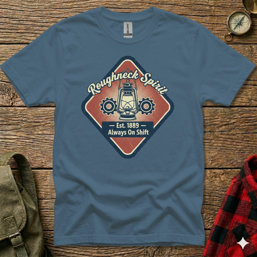 T-shirt with "Roughneck Spirit Est. 1889 Always On Shift" text and lantern graphic.