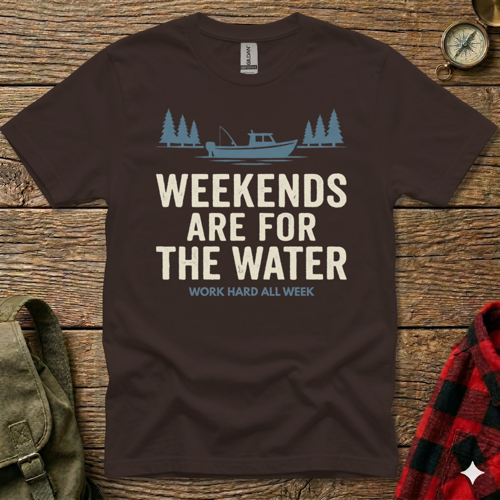 Dark brown t-shirt with "Weekends Are For The Water" text and boat graphic.