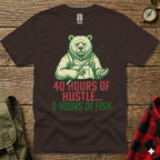 Brown t-shirt with a cartoon bear fishing, text: 40 hours... 0 hours of fish.