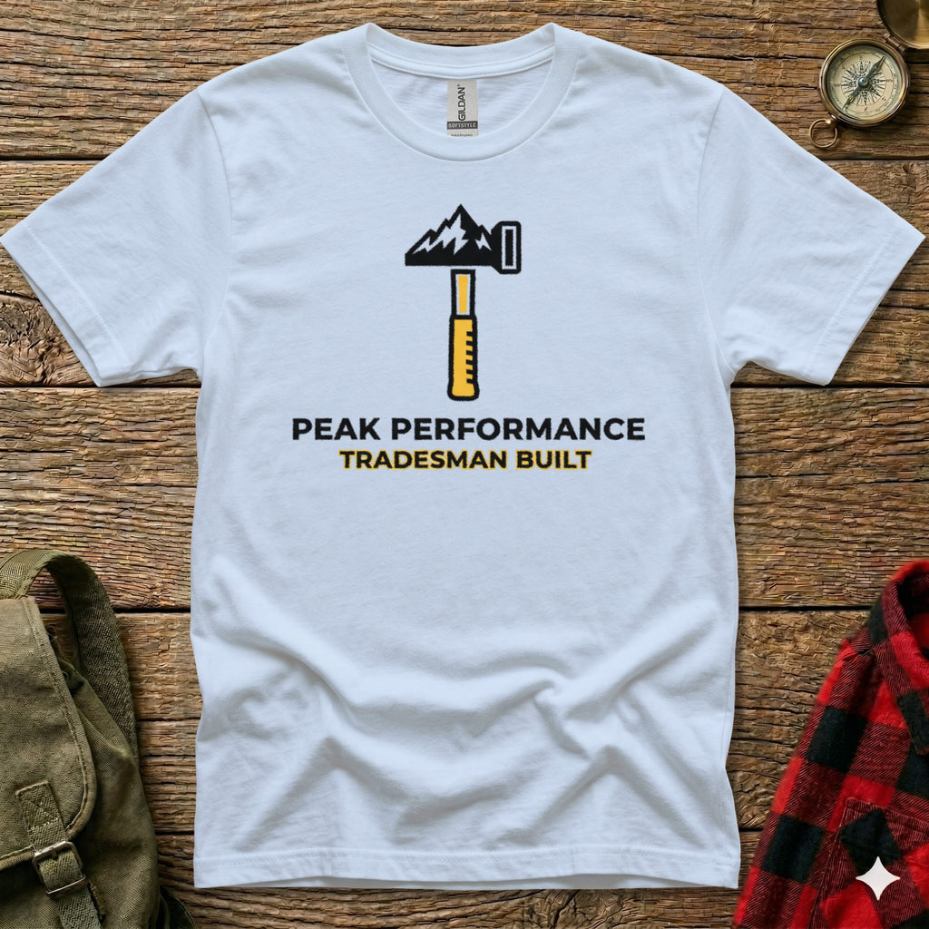 White t-shirt with black and yellow "Peak Performance Tradesman Built" logo.