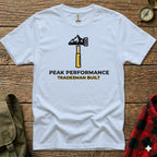 White t-shirt with black and yellow "Peak Performance Tradesman Built" logo.
