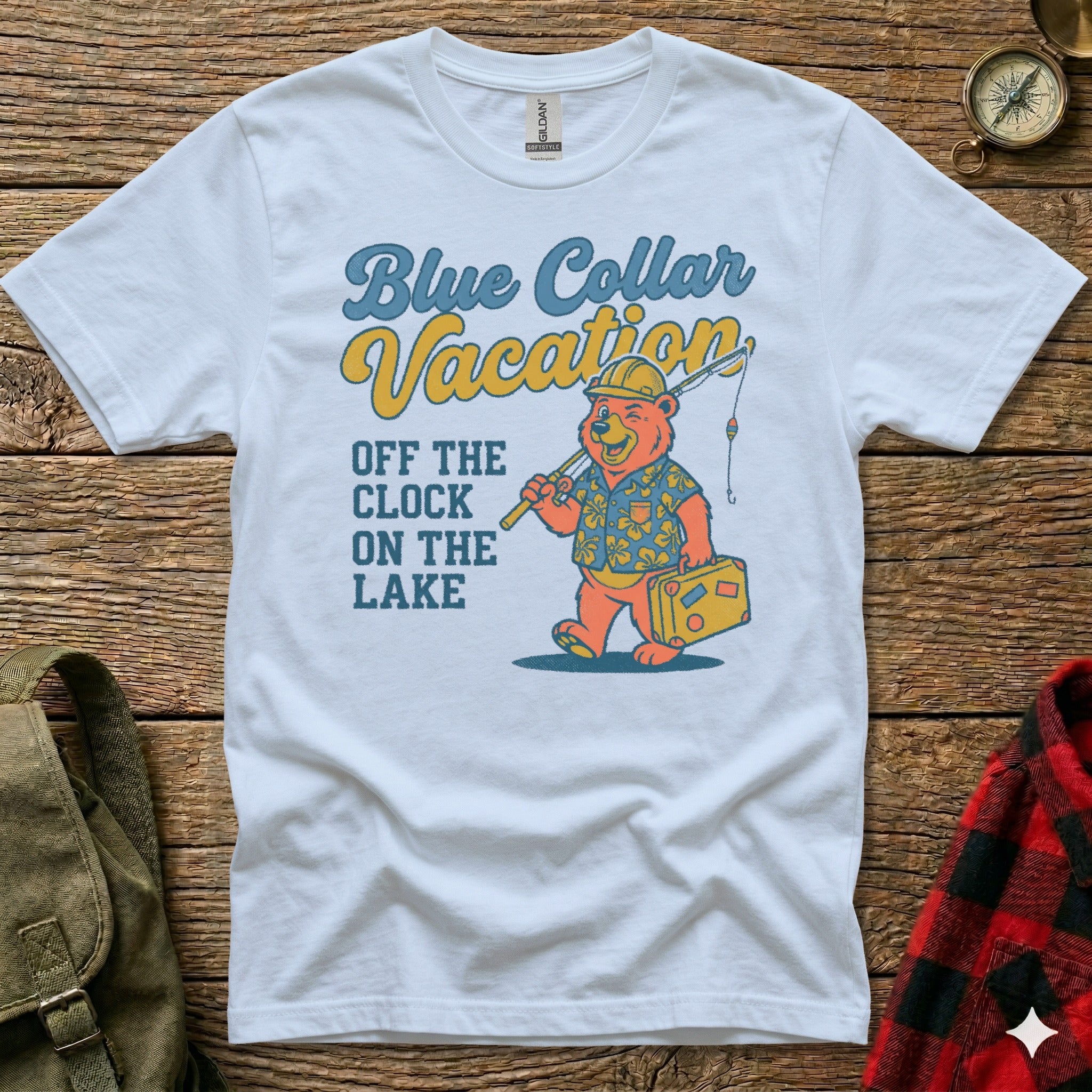 White t-shirt with cartoon bear in hard hat fishing on vacation.