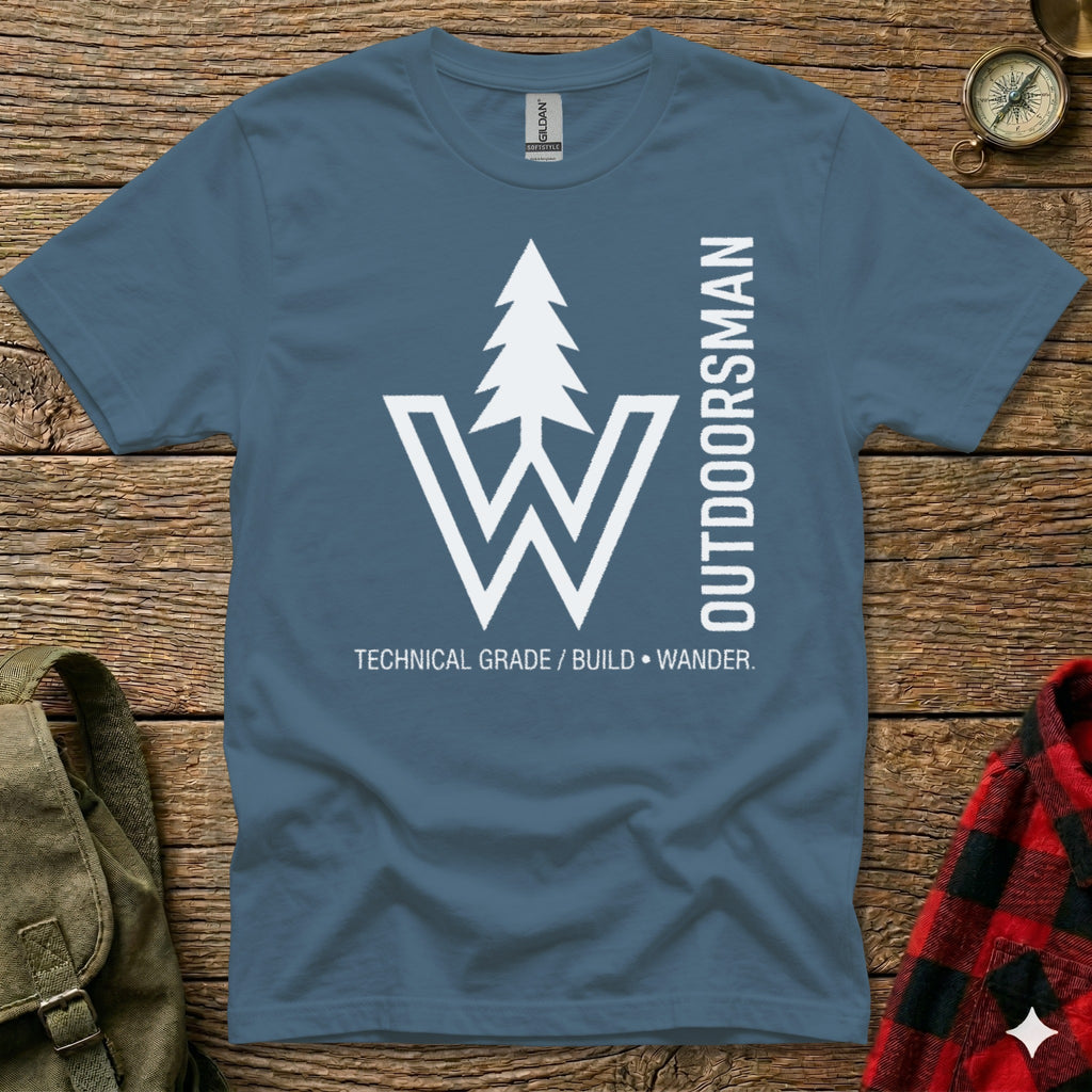 Blue t-shirt with white tree logo and "OUTDOORSMAN" text.