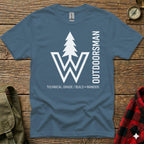 Blue t-shirt with white tree logo and "OUTDOORSMAN" text.