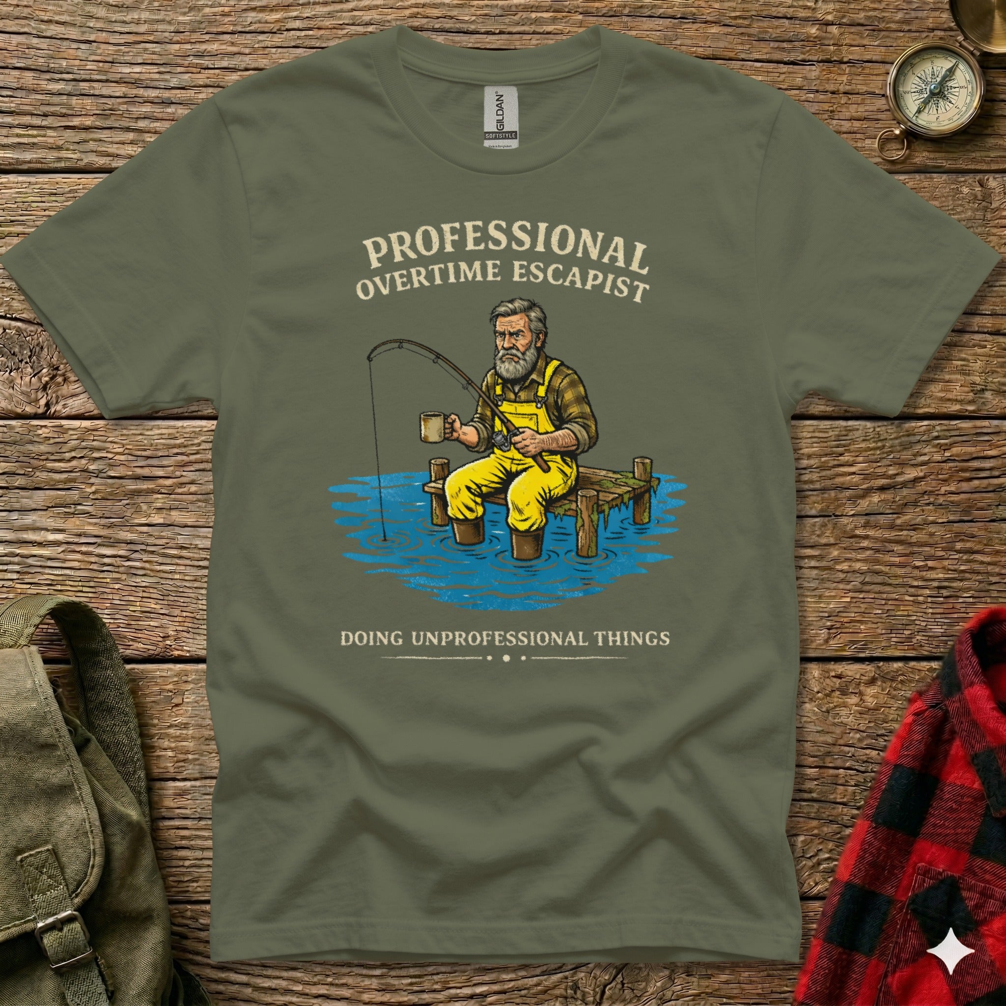 Olive green t-shirt with "PROFESSIONAL OVERTIME ESCAPIST" and fishing graphic.