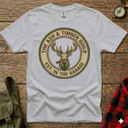 White t-shirt with "Ash & Timber Guild Est. in the Garage" deer logo.