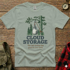T-shirt graphic showing a hanging sack labeled "CLOUD STORAGE".