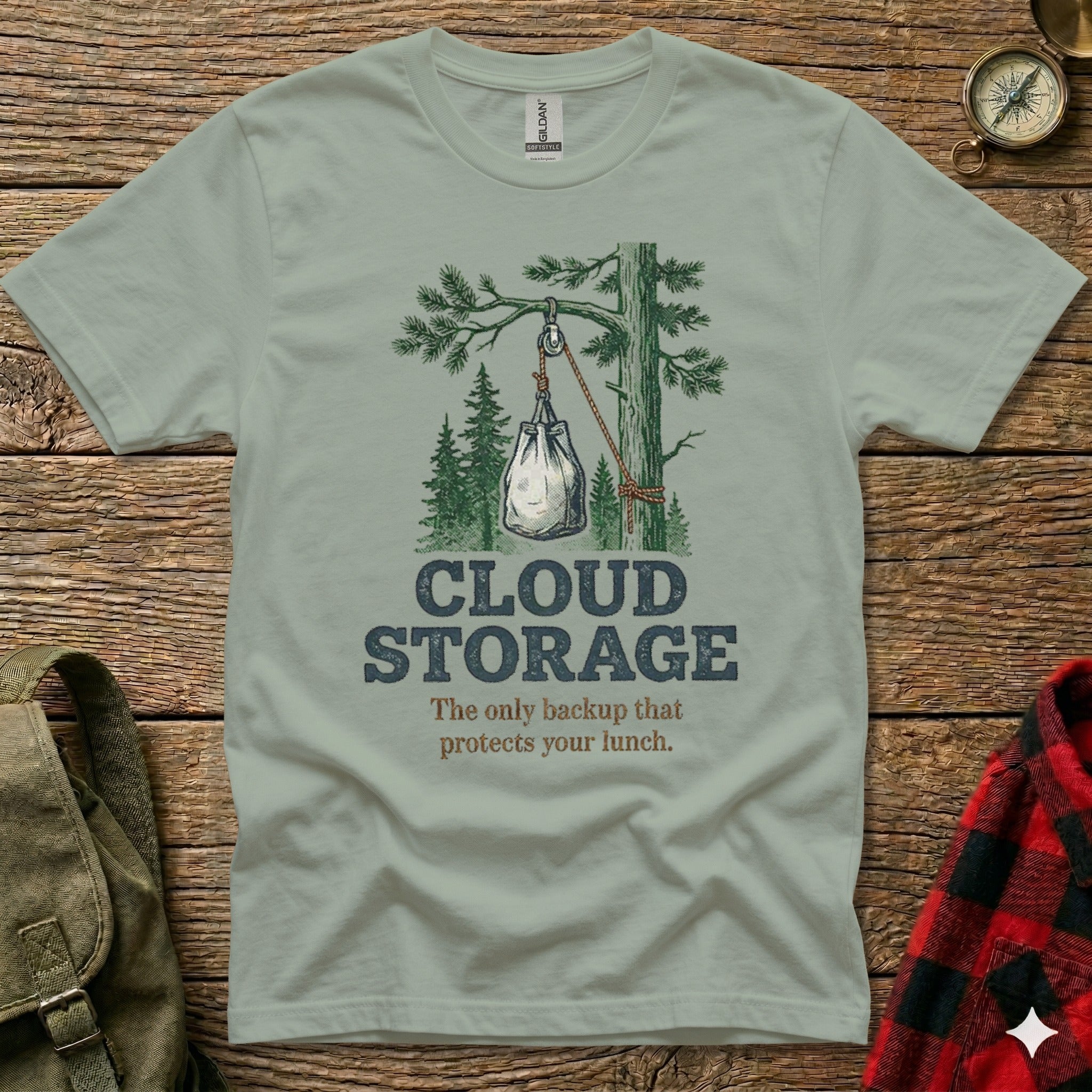 T-shirt graphic showing a hanging sack labeled "CLOUD STORAGE".