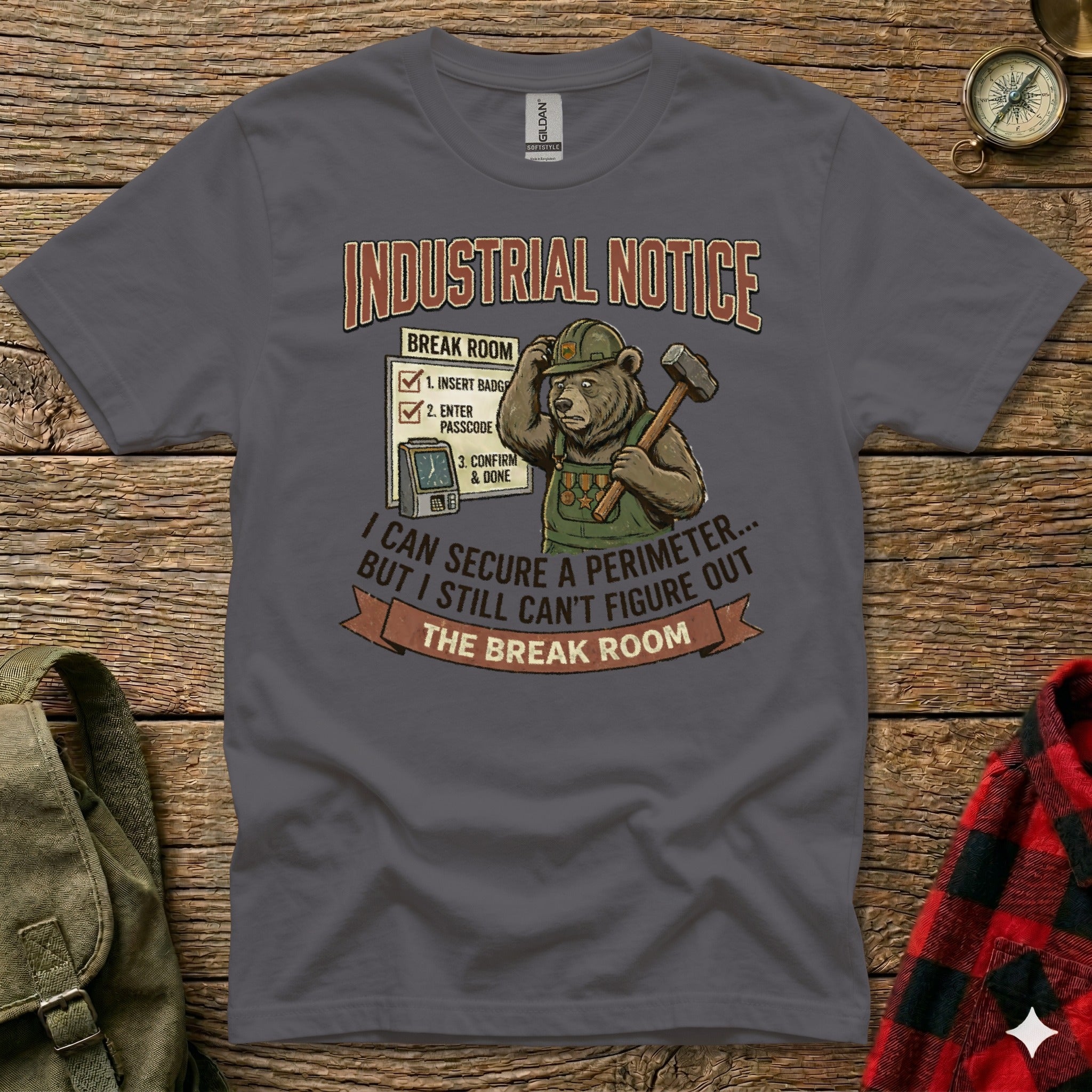 Bear in hard hat with hammer and "Industrial Notice" text about the break room.