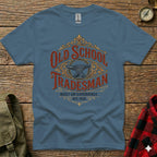 Blue t-shirt with "Old School Tradesman" text and an anvil design.