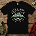 Black t-shirt with circular graphic of mountains, roots, and USB symbol reading "OFFLINE IS FREEDOM".