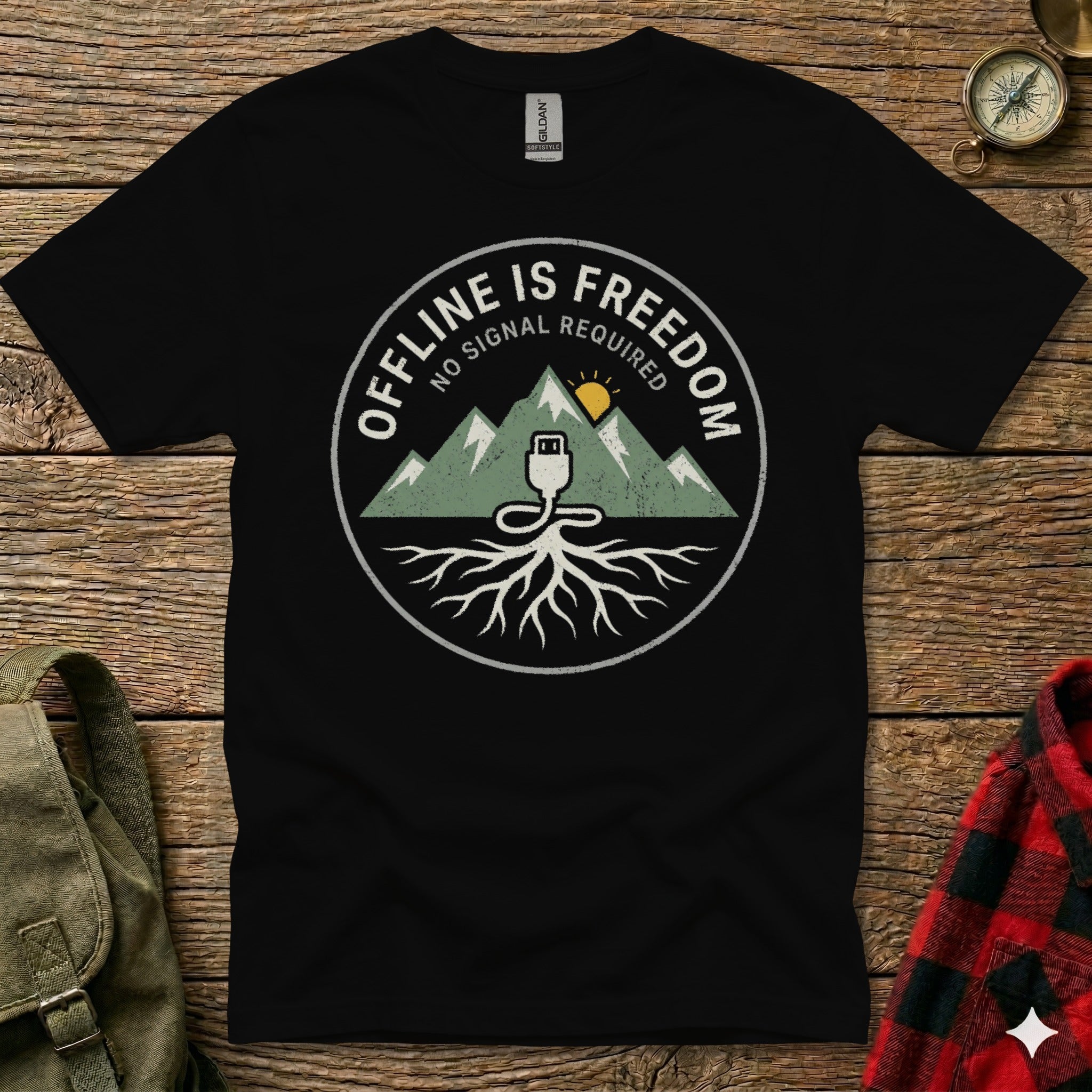 Black t-shirt with circular graphic of mountains, roots, and USB symbol reading "OFFLINE IS FREEDOM".