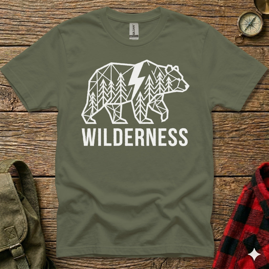 Olive green t-shirt with white geometric bear and "WILDERNESS" text.