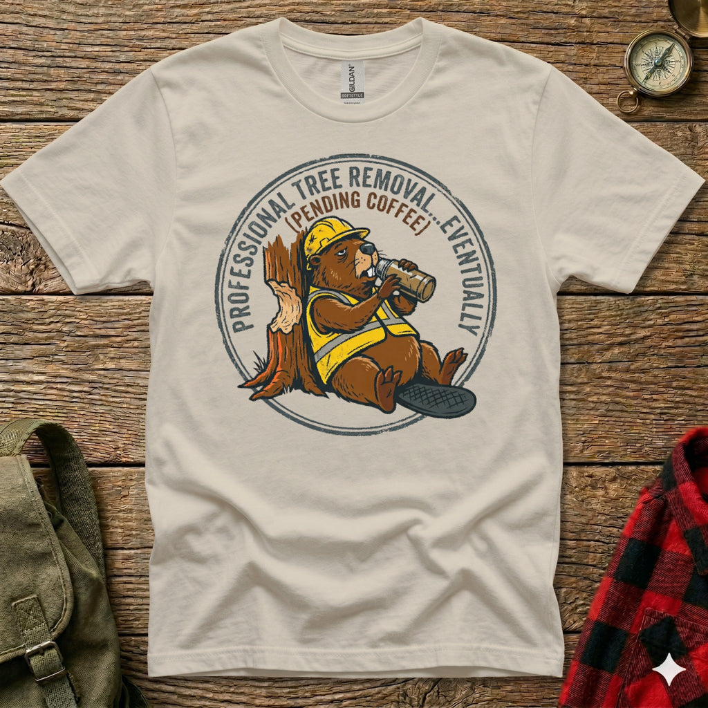 Beaver wearing hard hat drinks coffee next to tree stump.