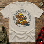 Beaver wearing hard hat drinks coffee next to tree stump.
